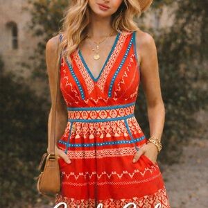 Anthropologie Red/orange Midi Dress with Blue Trims